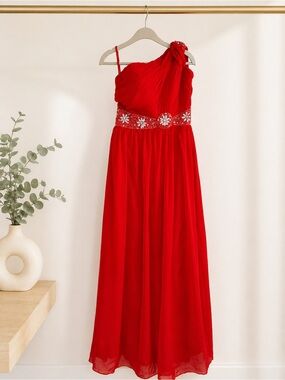 Red One Shoulder Formal Gown | Jeweled | Floor Length